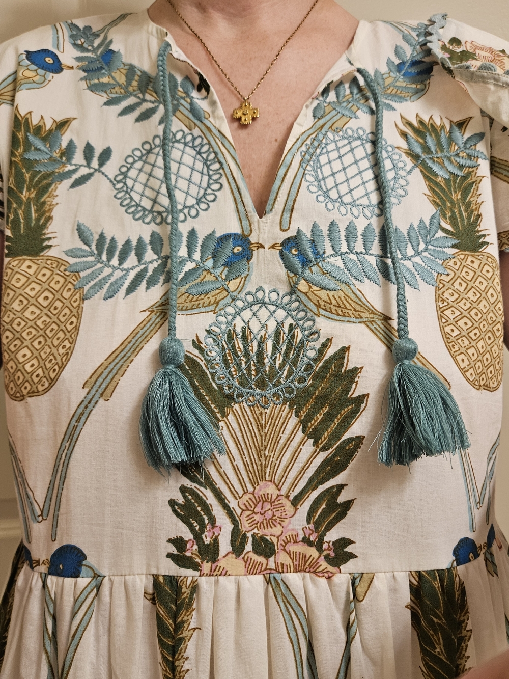 Uncle Frank Birds of Paradise Maxi Dress S | Tropical Boho Tiered Cotton Tassel - Picture 6 of 13